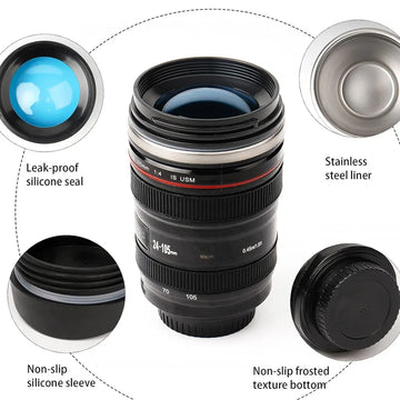 Camera Lens Mug With Lid Stainless Steel Cup - Miners Den Coffee