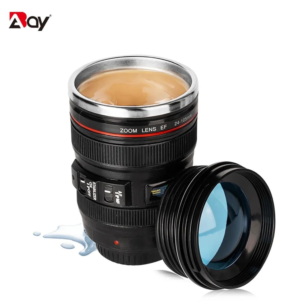 Camera Lens Mug With Lid Stainless Steel Cup - Miners Den Coffee